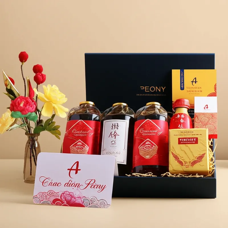 Giỏ quà Tết doanh nghiệp Peony Home kèm thiệp chúc 4 chữ sang trọng cho đối tác B2B