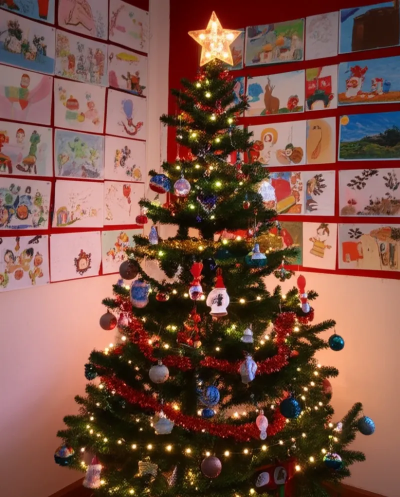 Cây thông Noel lấp lánh được trang trí trong lớp học, mang không khí Giáng Sinh vui tươi.