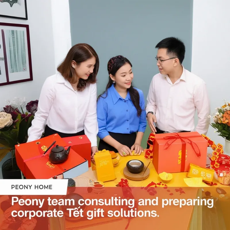 Đội ngũ Peony Home đang tư vấn và chuẩn bị các giải pháp quà Tết doanh nghiệp, thể hiện sự chuyên nghiệp và tận tâm.
