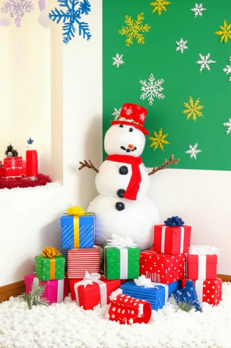 Góc lớp học được decor Giáng Sinh với người tuyết, hộp quà và tuyết trắng.