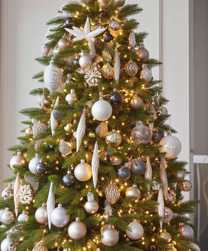 Cây thông Noel trang trí với quả châu cao cấp, dây đèn LED nghệ thuật và ngôi sao tinh xảo của Peony Home