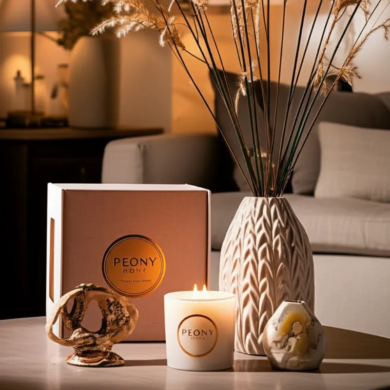 Một set quà Giáng Sinh gồm nến thơm, bình hoa nghệ thuật và vật phẩm decor sang trọng từ Peony Home, đặt trong không gian ấm cúng.