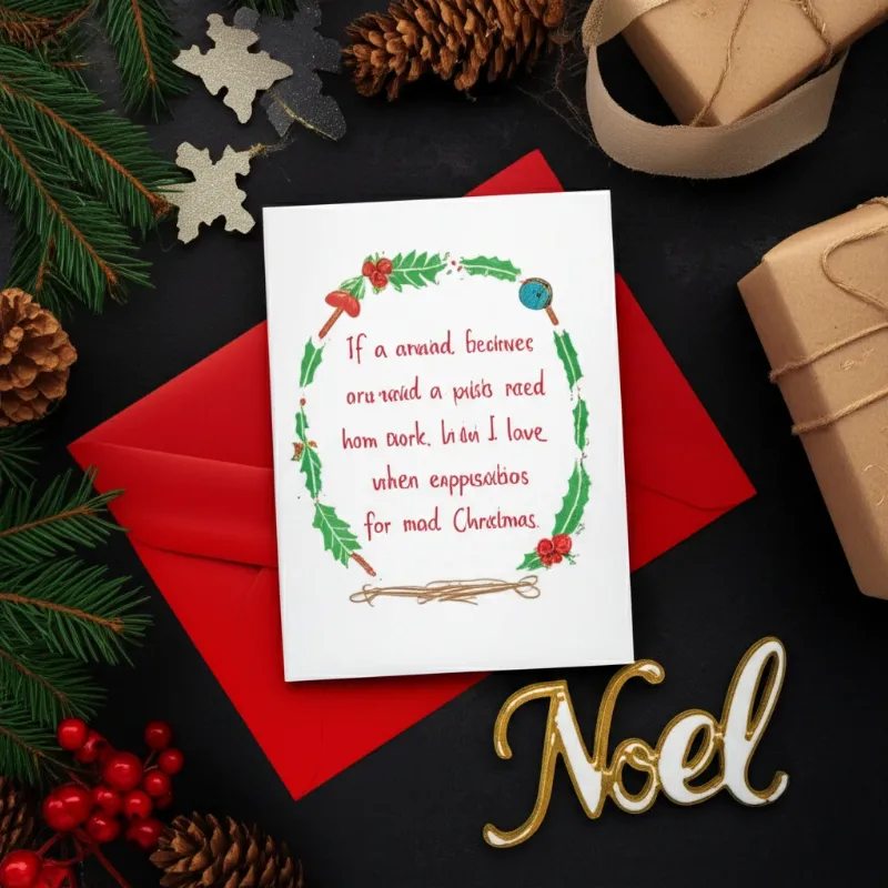 Một tấm thiệp Giáng Sinh viết tay với lời chúc ngọt ngào, đặt cạnh một món quà Giáng Sinh tinh tế và đồ trang trí Noel.