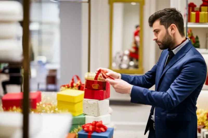 Người đàn ông đang chọn quà Giáng Sinh cho người yêu, thể hiện sự thấu hiểu sở thích của nàng