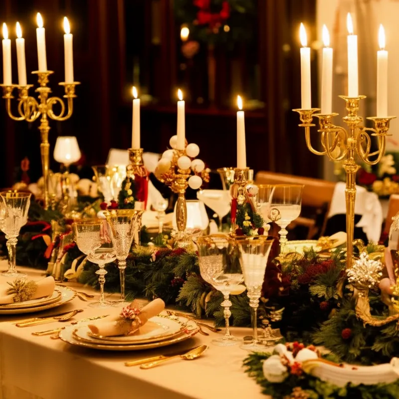Bàn ăn trang trí Noel sang trọng, tinh tế với nến và phụ kiện của Peony Home