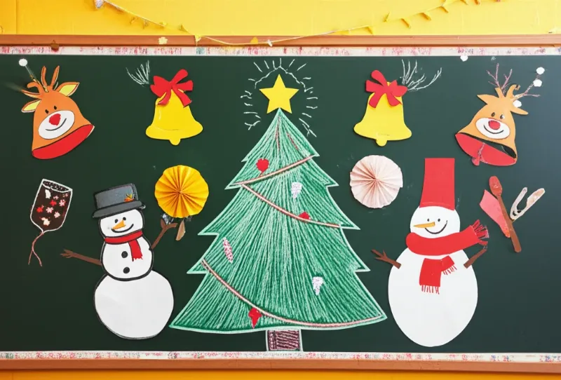 Bảng lớp học được trang trí chủ đề Giáng Sinh với các hình vẽ và đồ handmade.