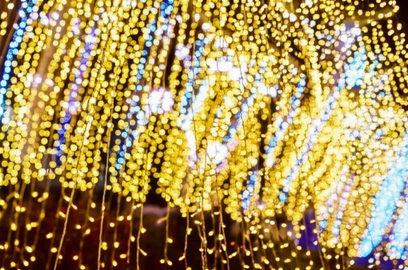 Ảnh trang trí Giáng sinh ngoài trời lộng lẫy với vô số đèn nhấp nháy, tạo hiệu ứng thần tiên, huyền ảo.