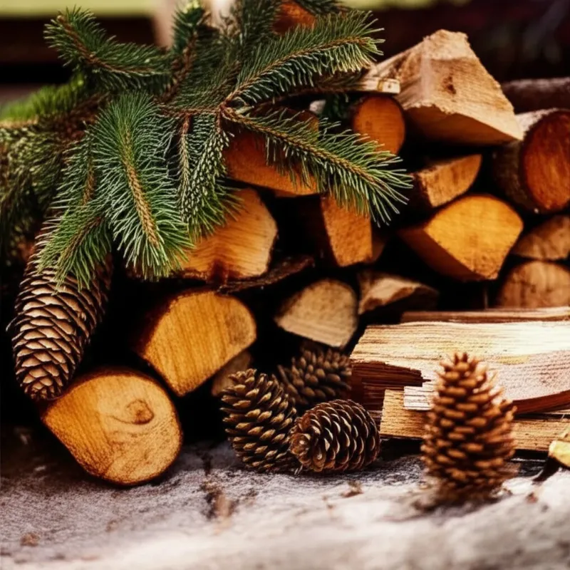 Khung cảnh trang trí Giáng sinh ngoài trời mộc mạc với vật liệu tự nhiên như củi, lá thông, nón thông.