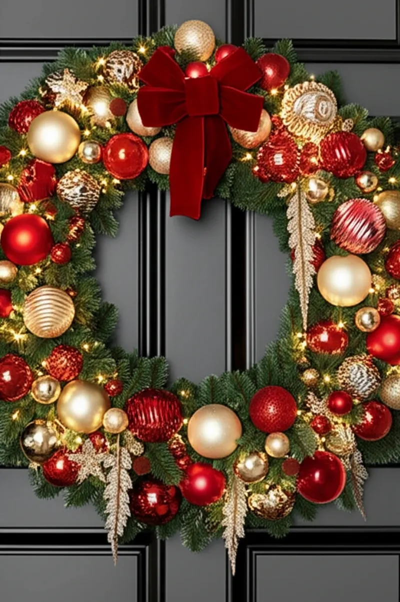 Hình ảnh trang trí Giáng sinh ngoài trời sang trọng với vòng nguyệt quế lớn, đèn ấm và điểm nhấn đỏ vàng.