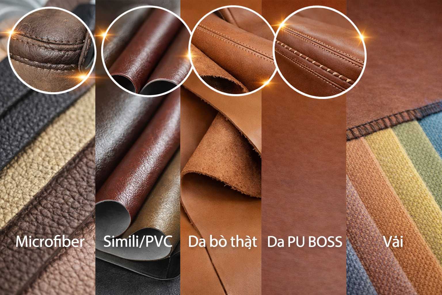 Các loại da bọc ghế sofa PeonyHome TPHCM: Microfiber Hàn Quốc, da bò Italy Brazil, PU BOSS, Simili PVC